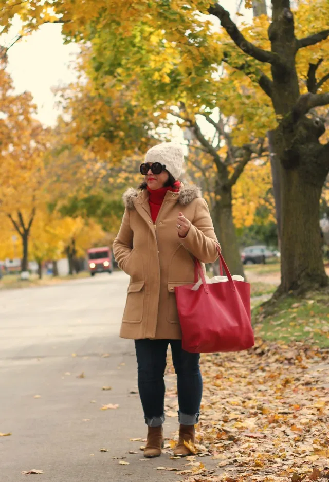 camel coat, red sweater, jcrew vail parka