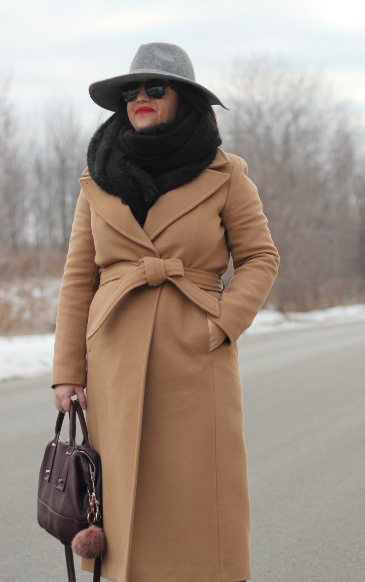 long camel coat, mackage babie