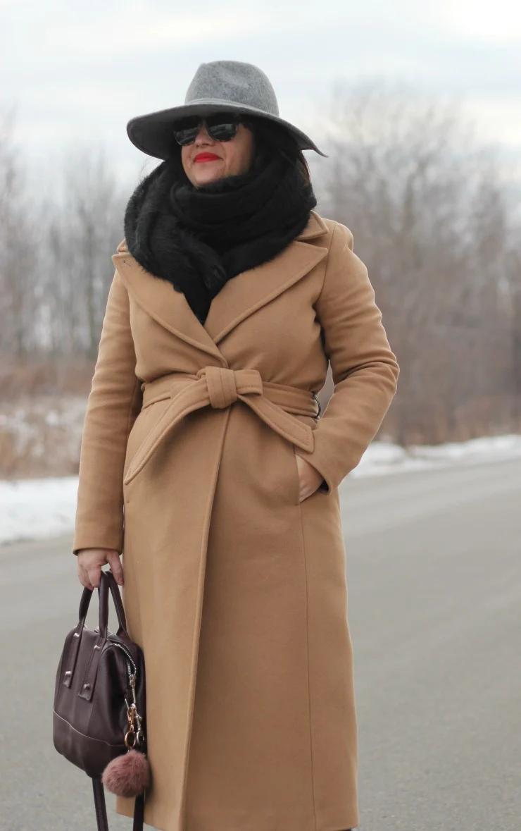 long camel coat, mackage babie