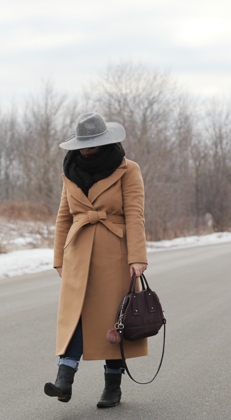 long camel coat, mackage babie coat