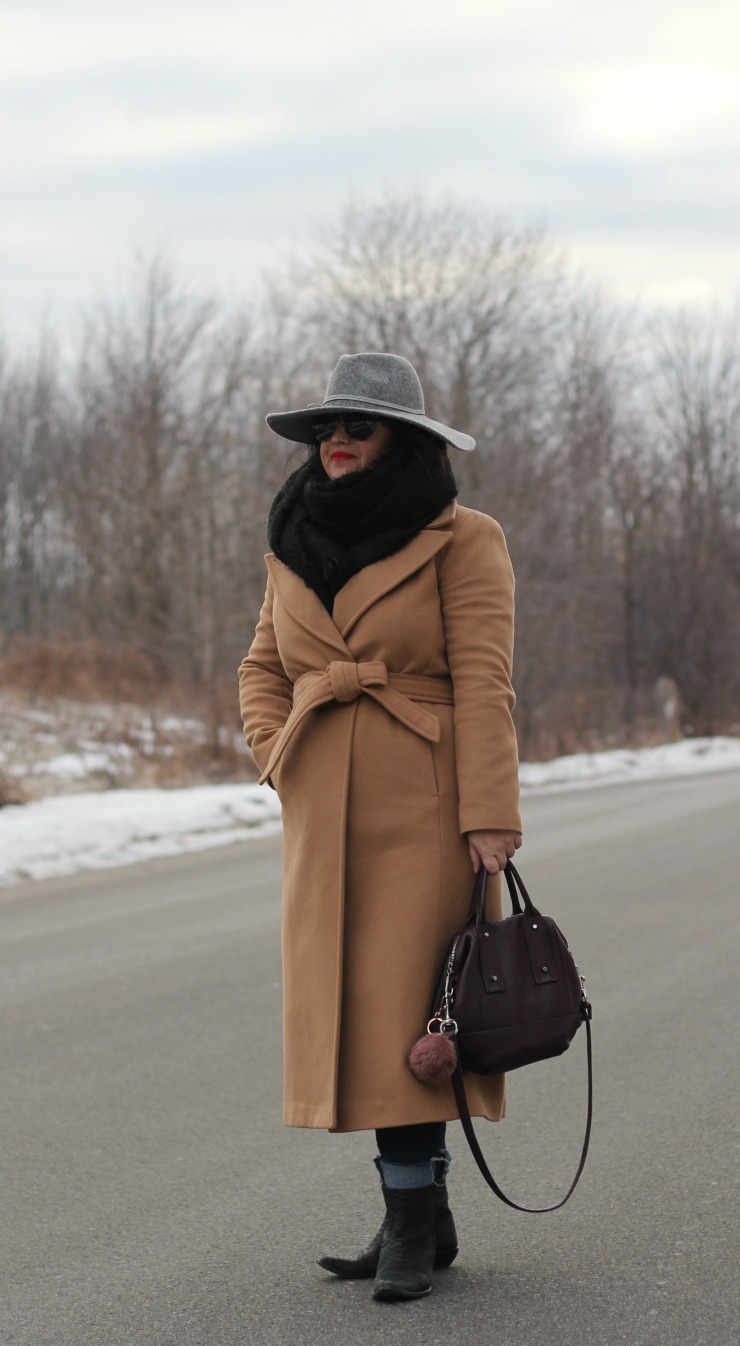 long camel coat, mackage babie