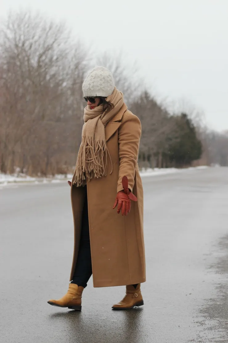 long camel coat, mackage babie coat