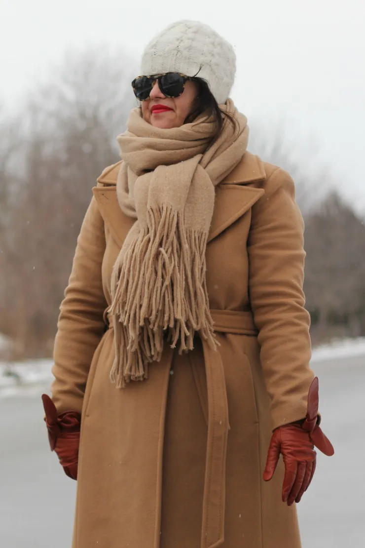 long camel coat, mackage babie coat