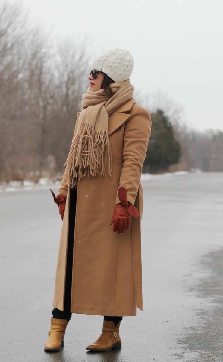 long camel coat, mackage babie coat