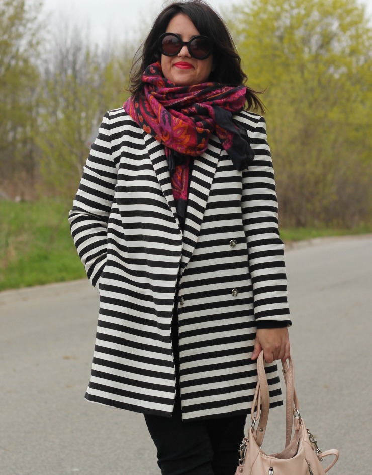 stripe coat, colourful scarf, spring outfit ideas