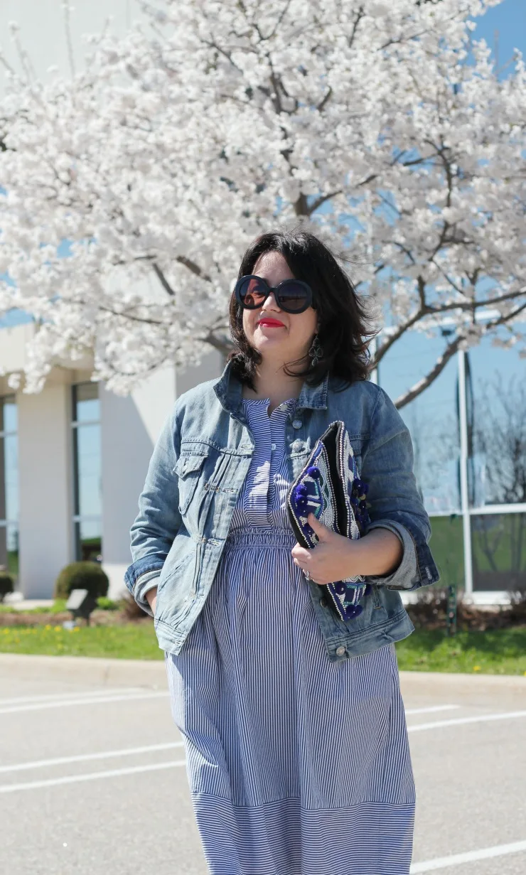 stripe shirt dress, jean jacket outfit, spring outfit ideas