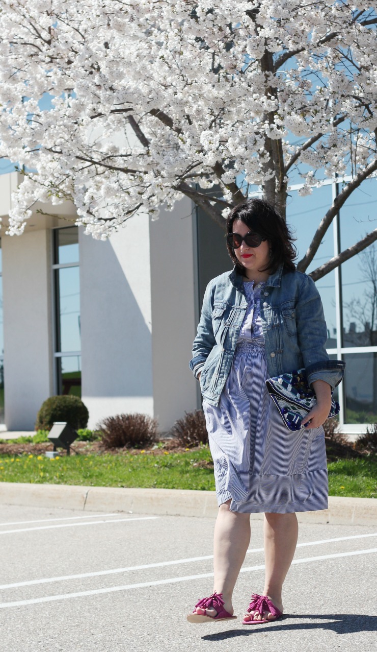 figue sandals, stripe shirt dress