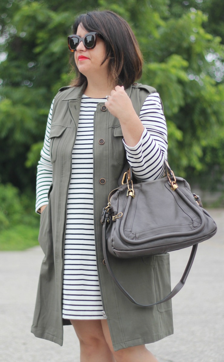 stripe dress military green vest