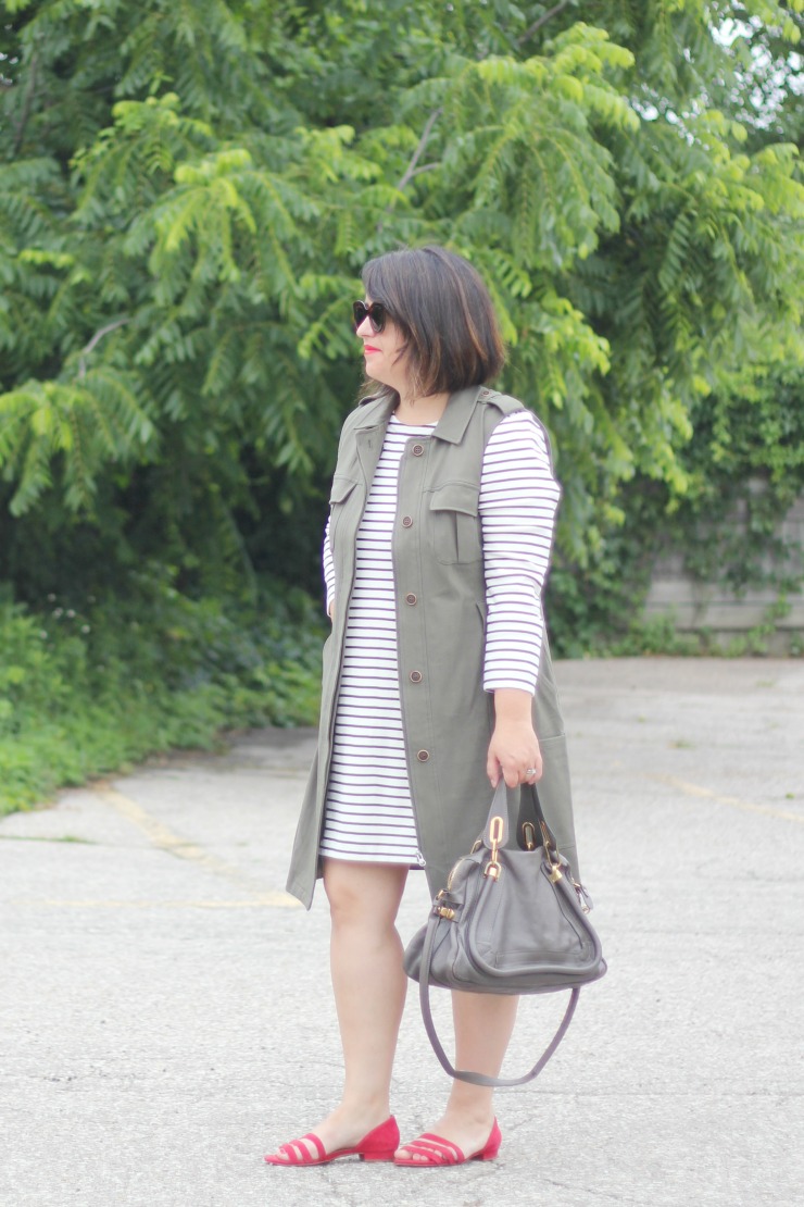 Stripe dress military green vest