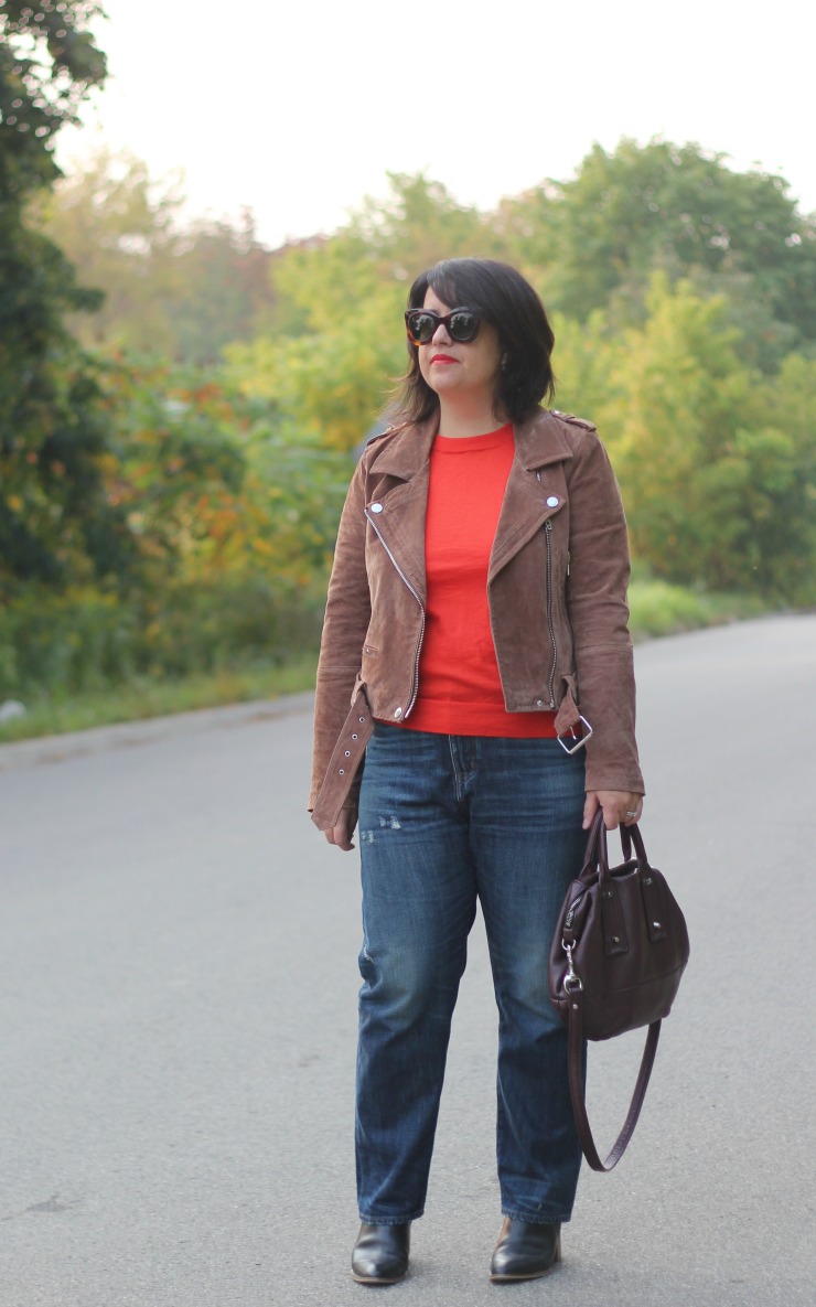 orangey red sweater fall outfit