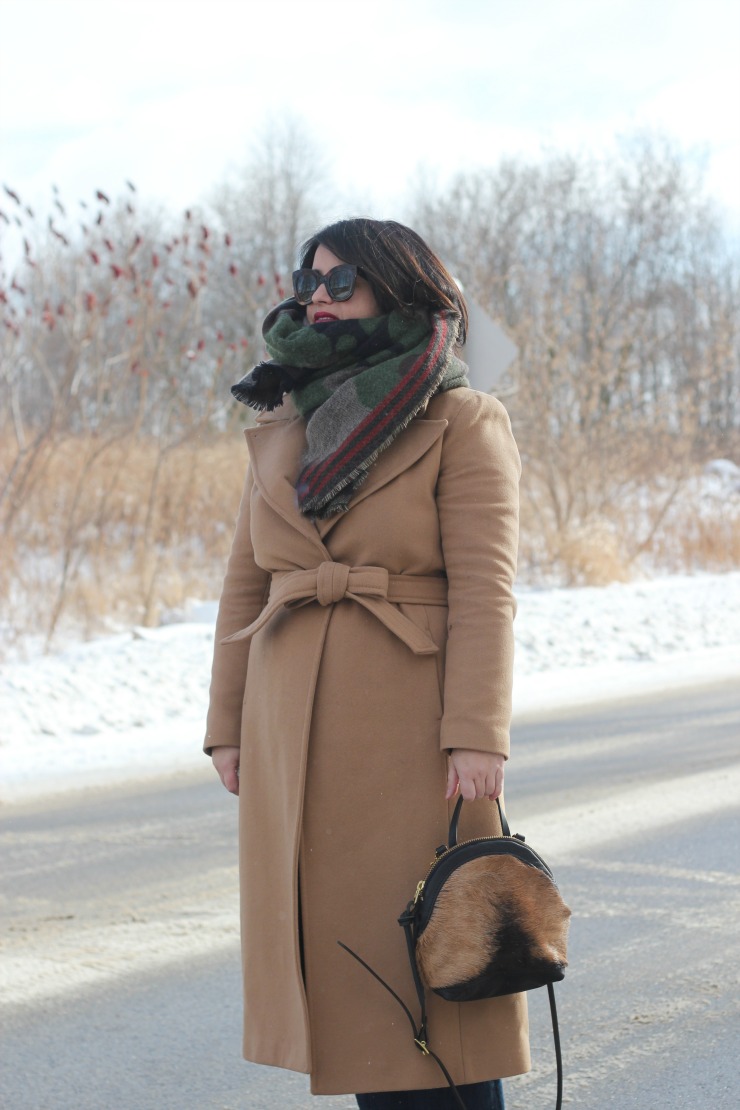 camel coat, camo scarf