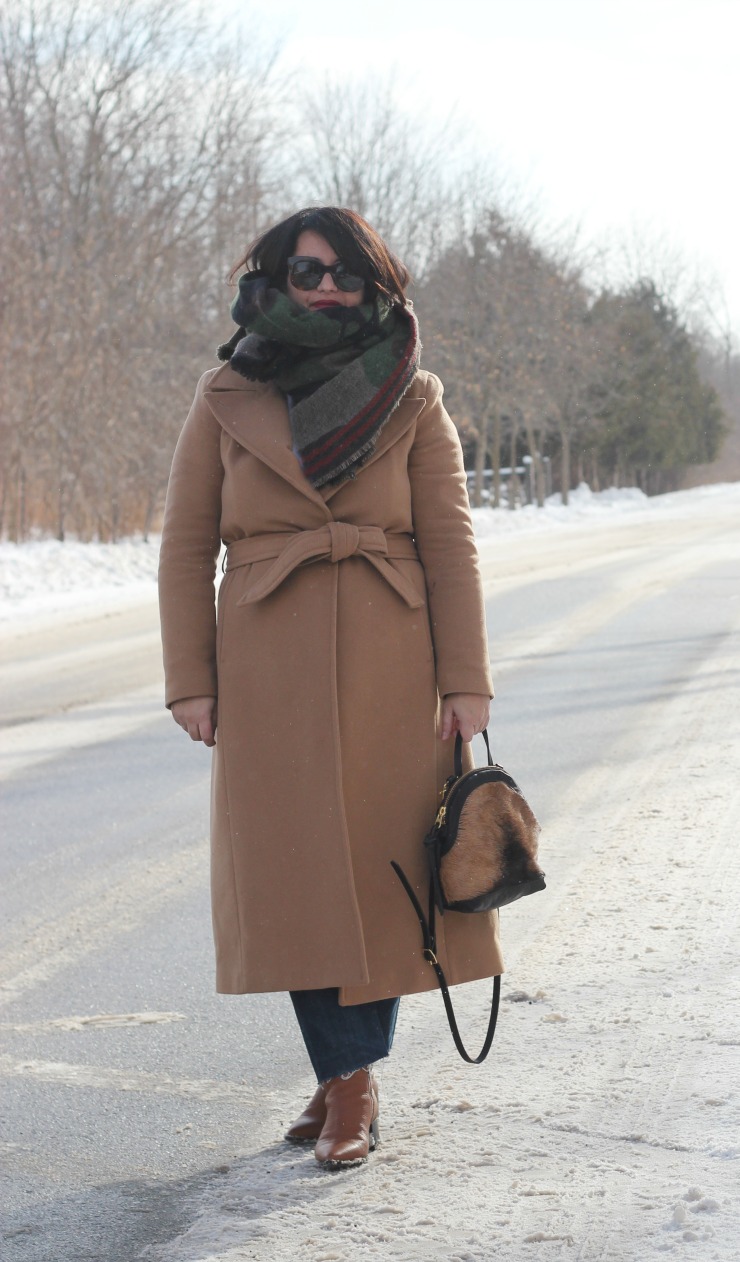 classics, camel coat and camo scarf