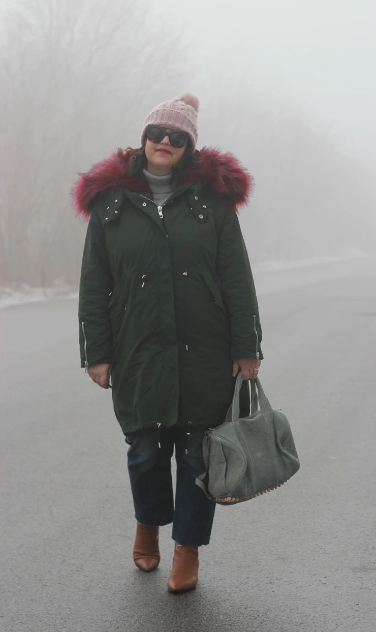 winter parka outfit, faux fur parka style