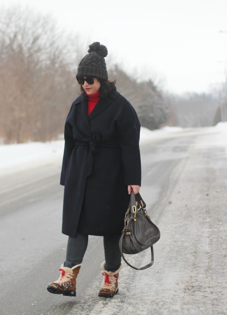 Navy wrap coat outfit