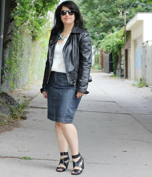 denim pencil skirt outfit