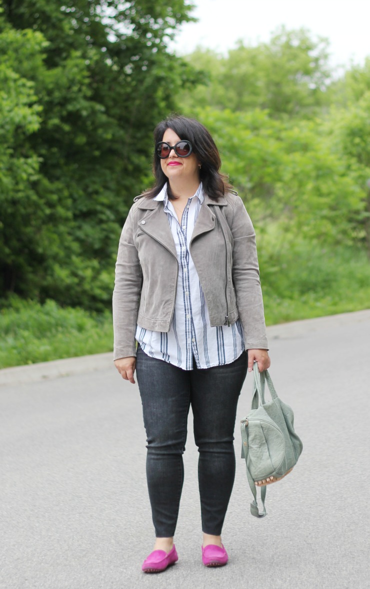 grey biker jacket with mgemi felize flats