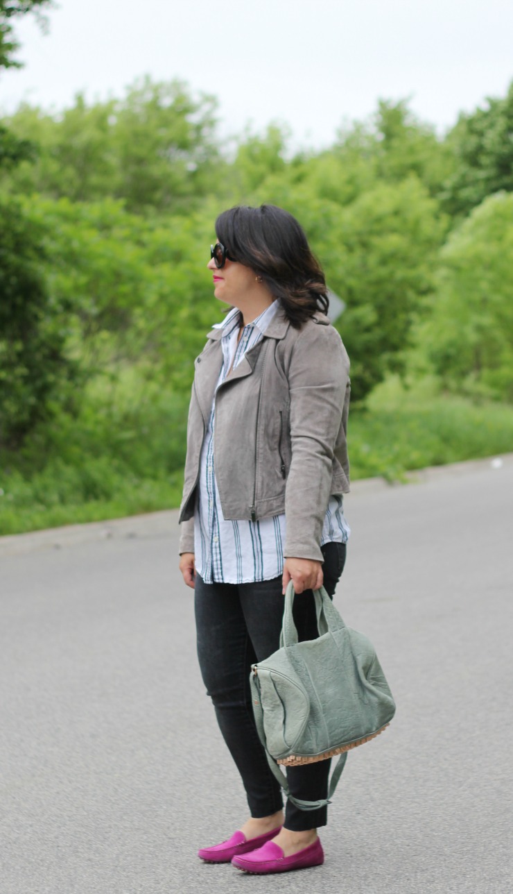 grey biker jacket outfit with mgemi felize loafers