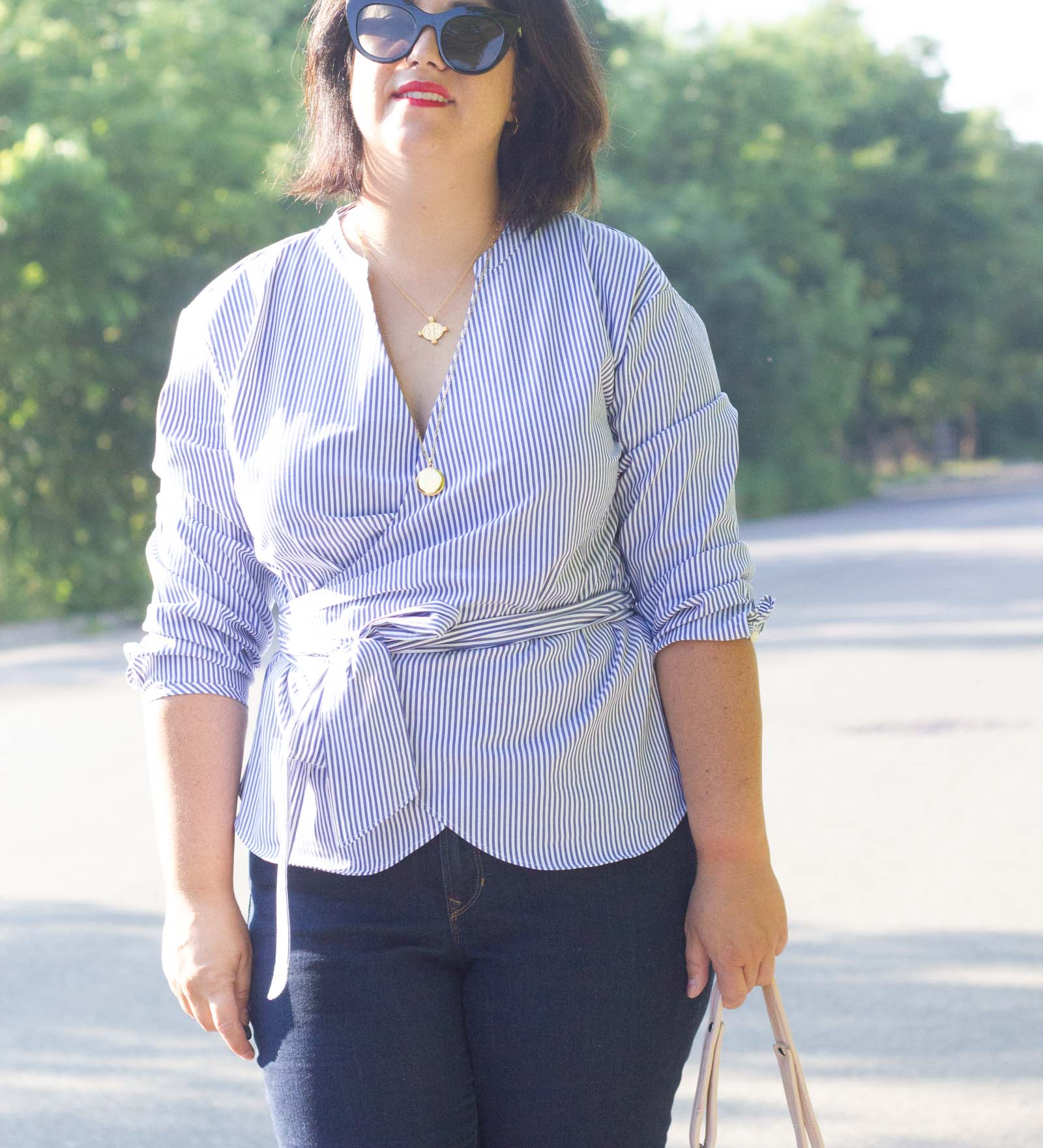 wrap shirt and jeans outfit