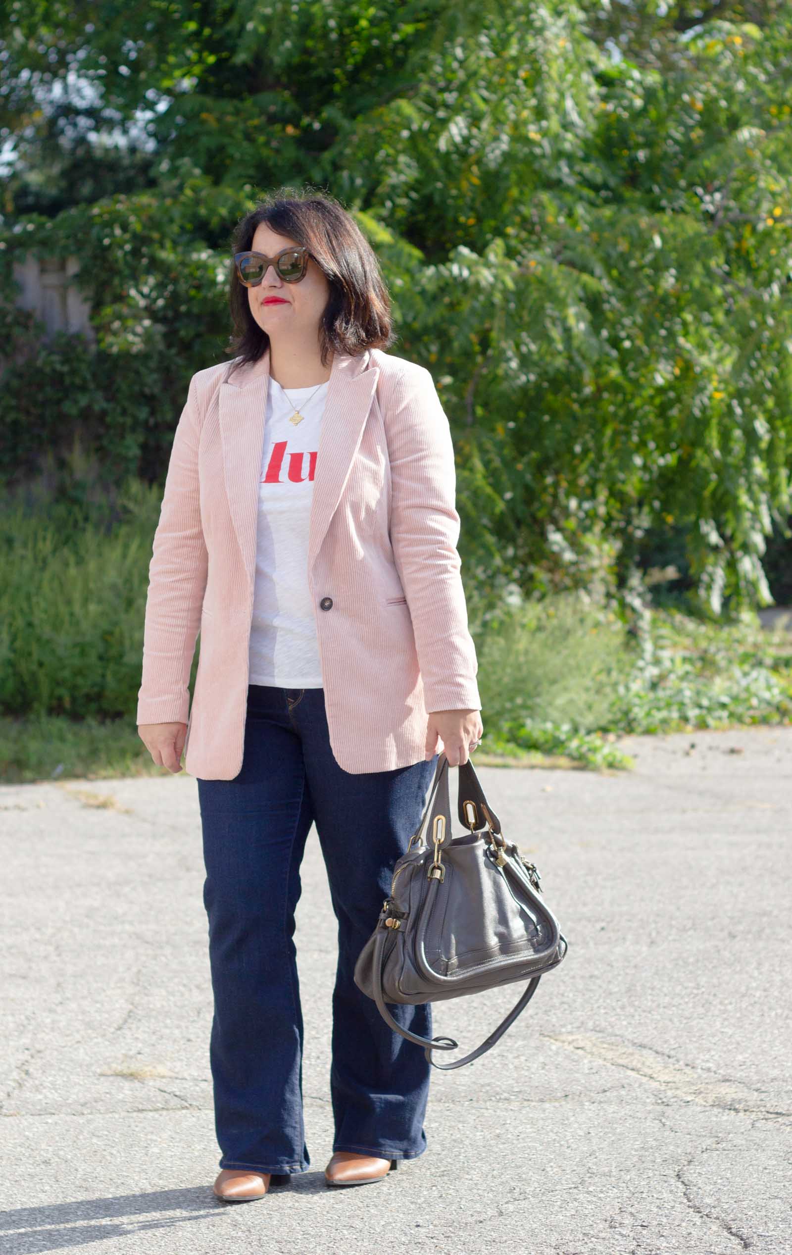 pink corduroy blazer outfit