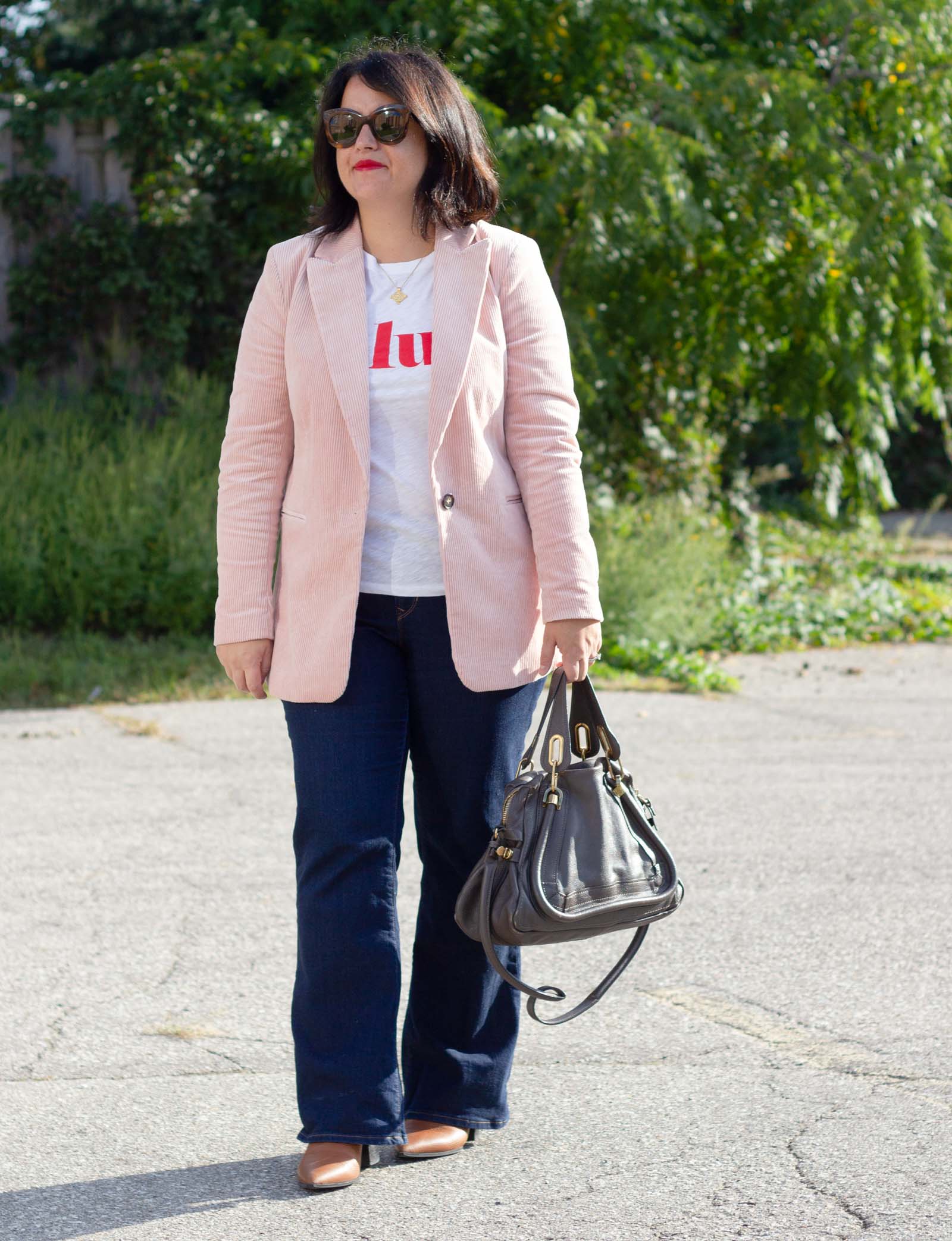 pink corduroy blazer outfit