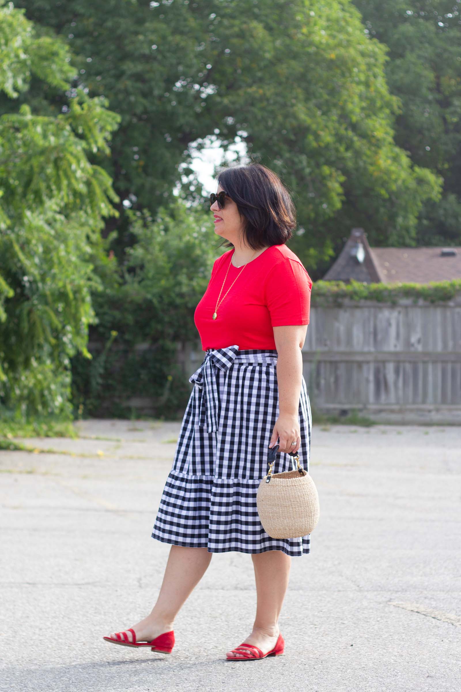 red and gingham outfit