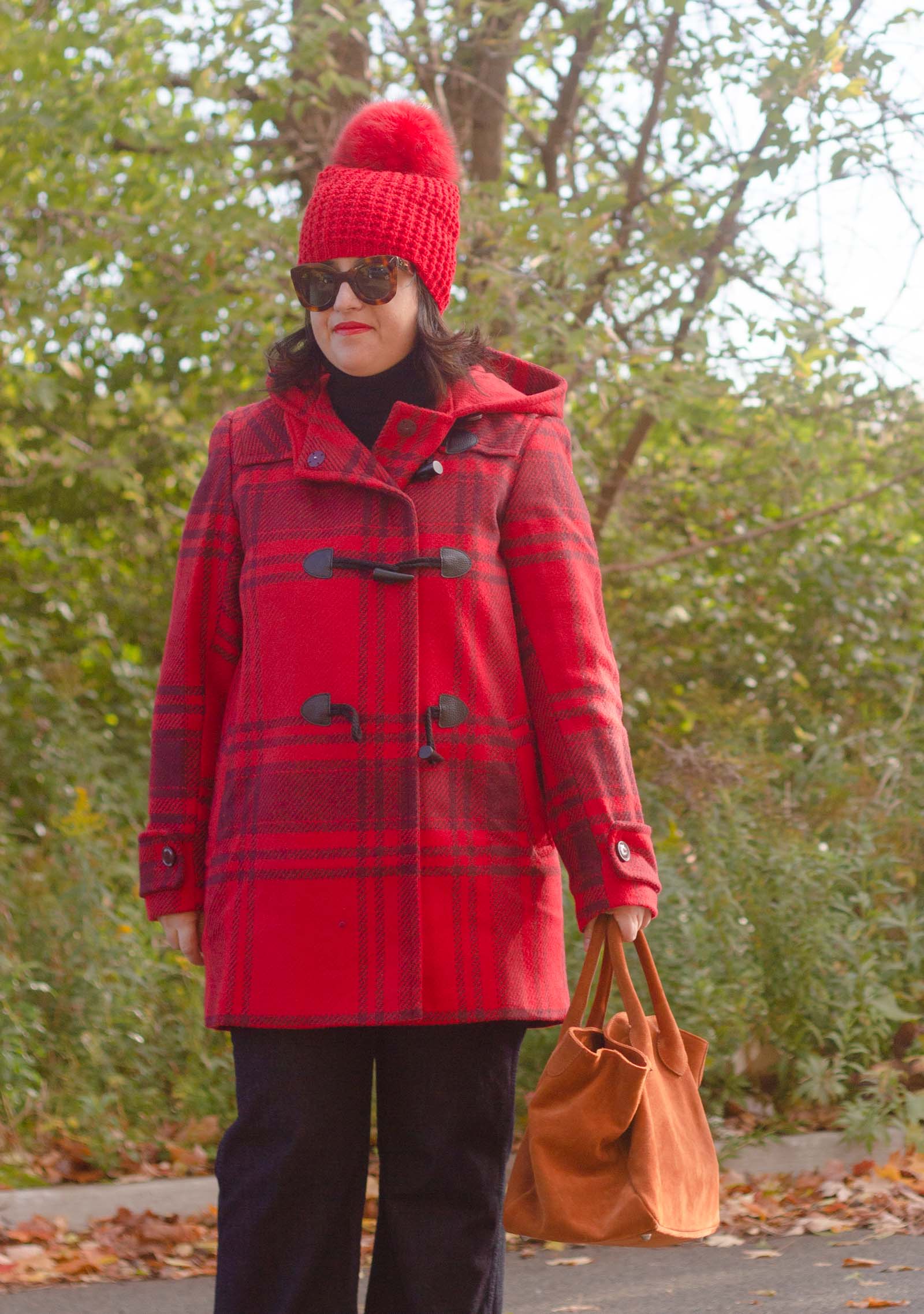 red plaid toggle coat