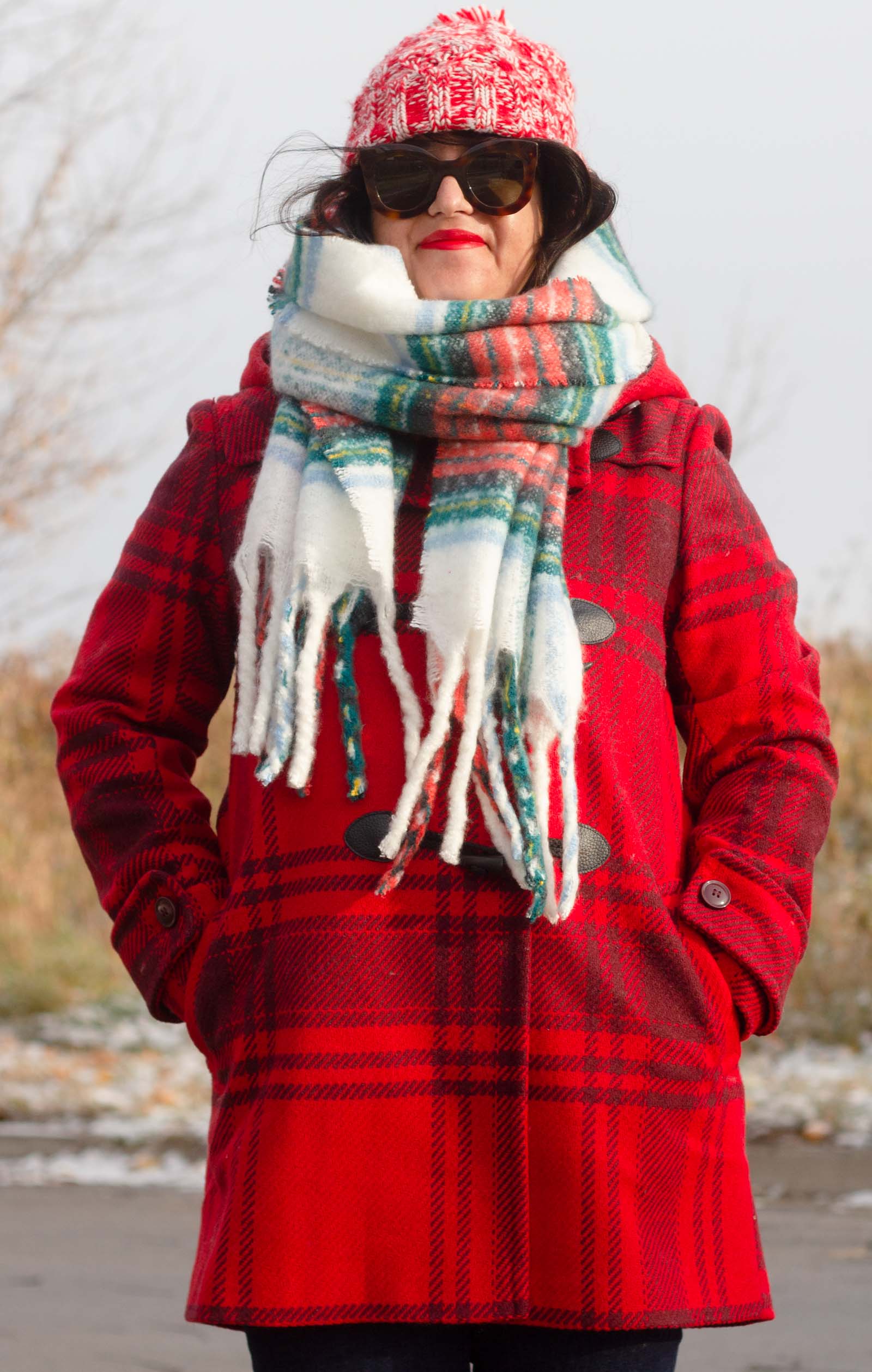 plaid toggle coat, christmas plaid scarf