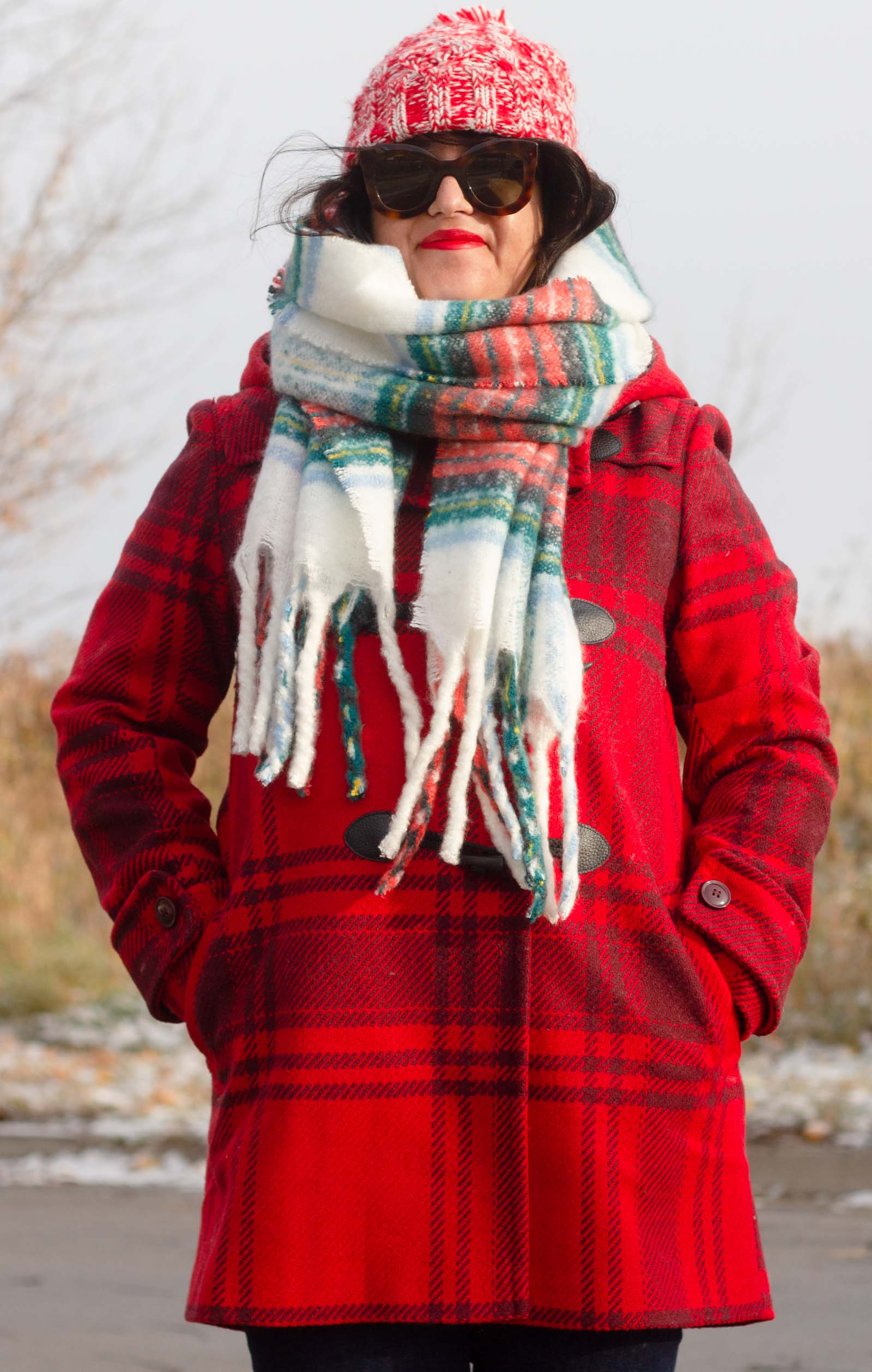 plaid toggle coat, christmas plaid scarf