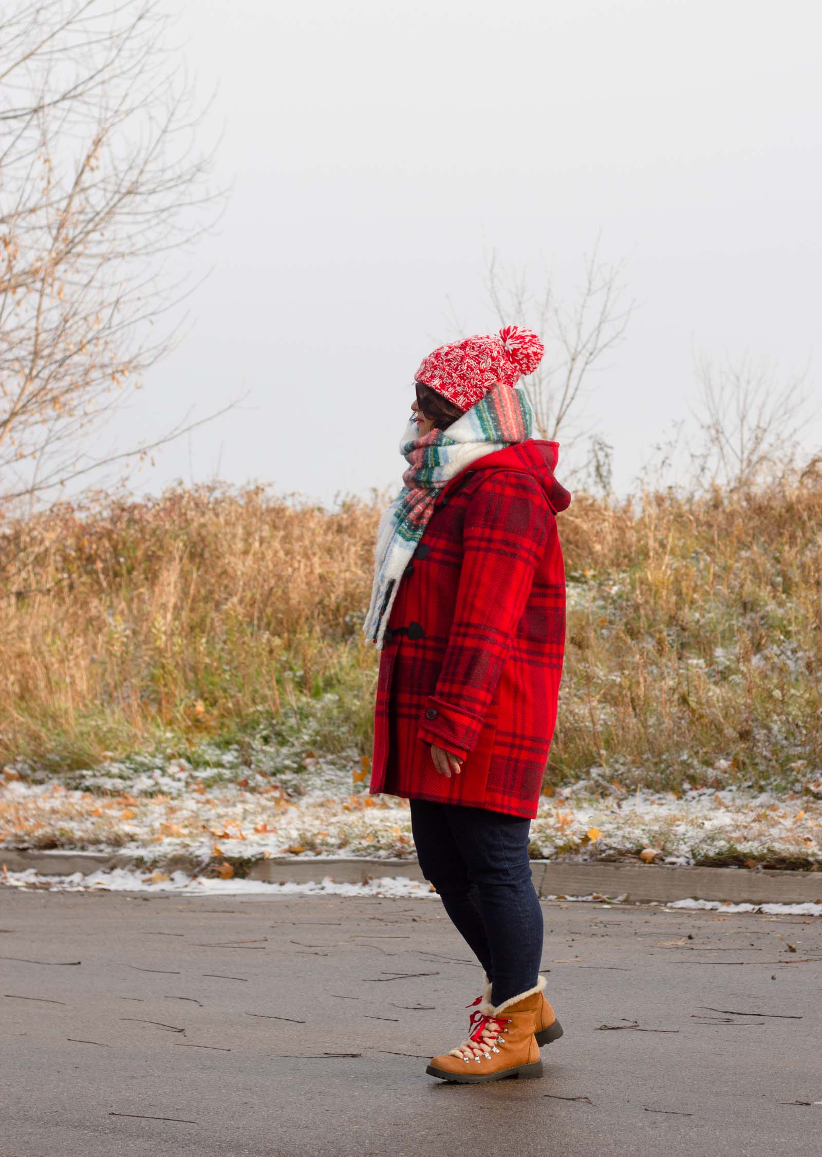 Plaid toggle coat, Christmas scarf