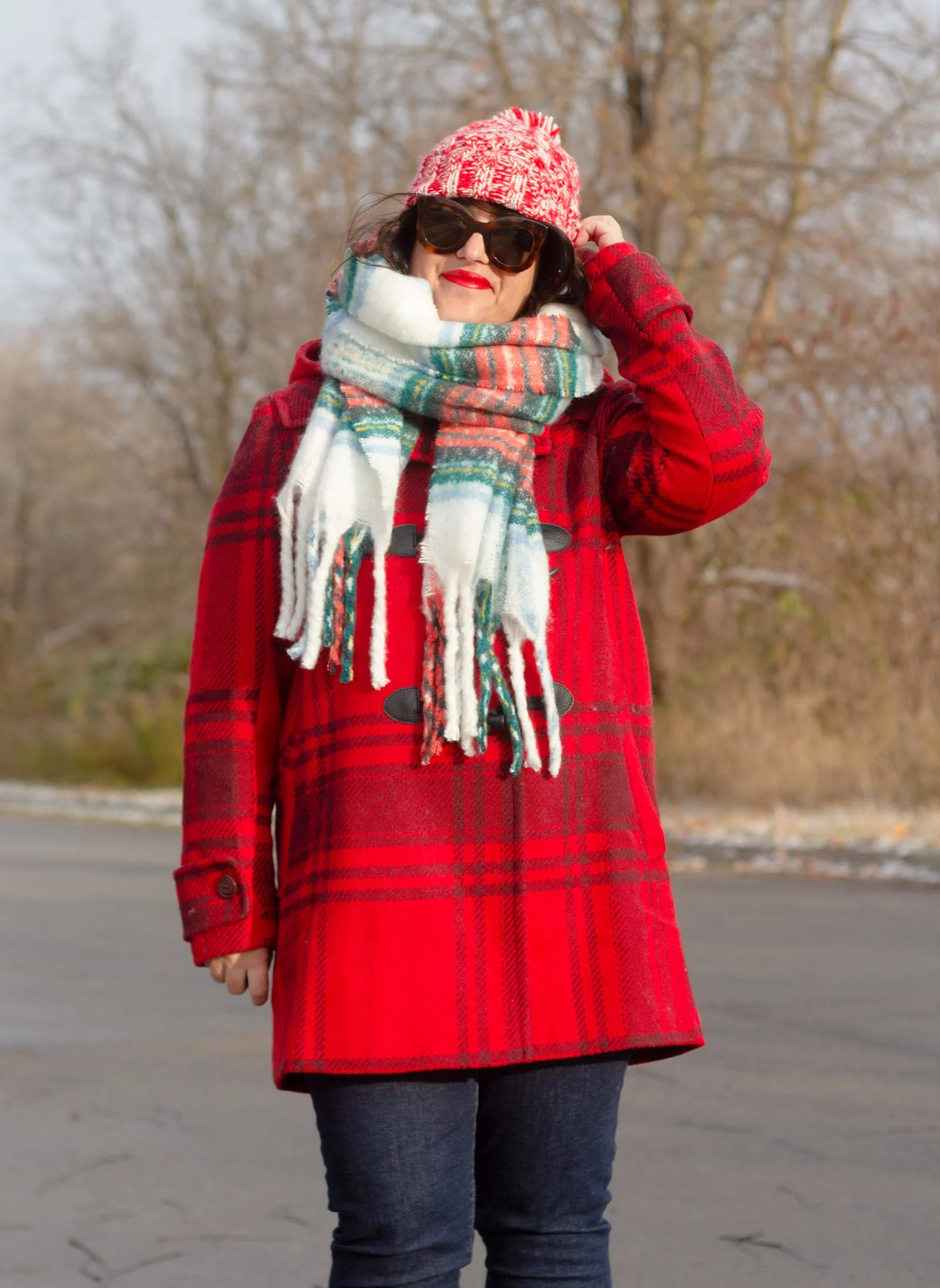 plaid toggle coat, christmas plaid scarf