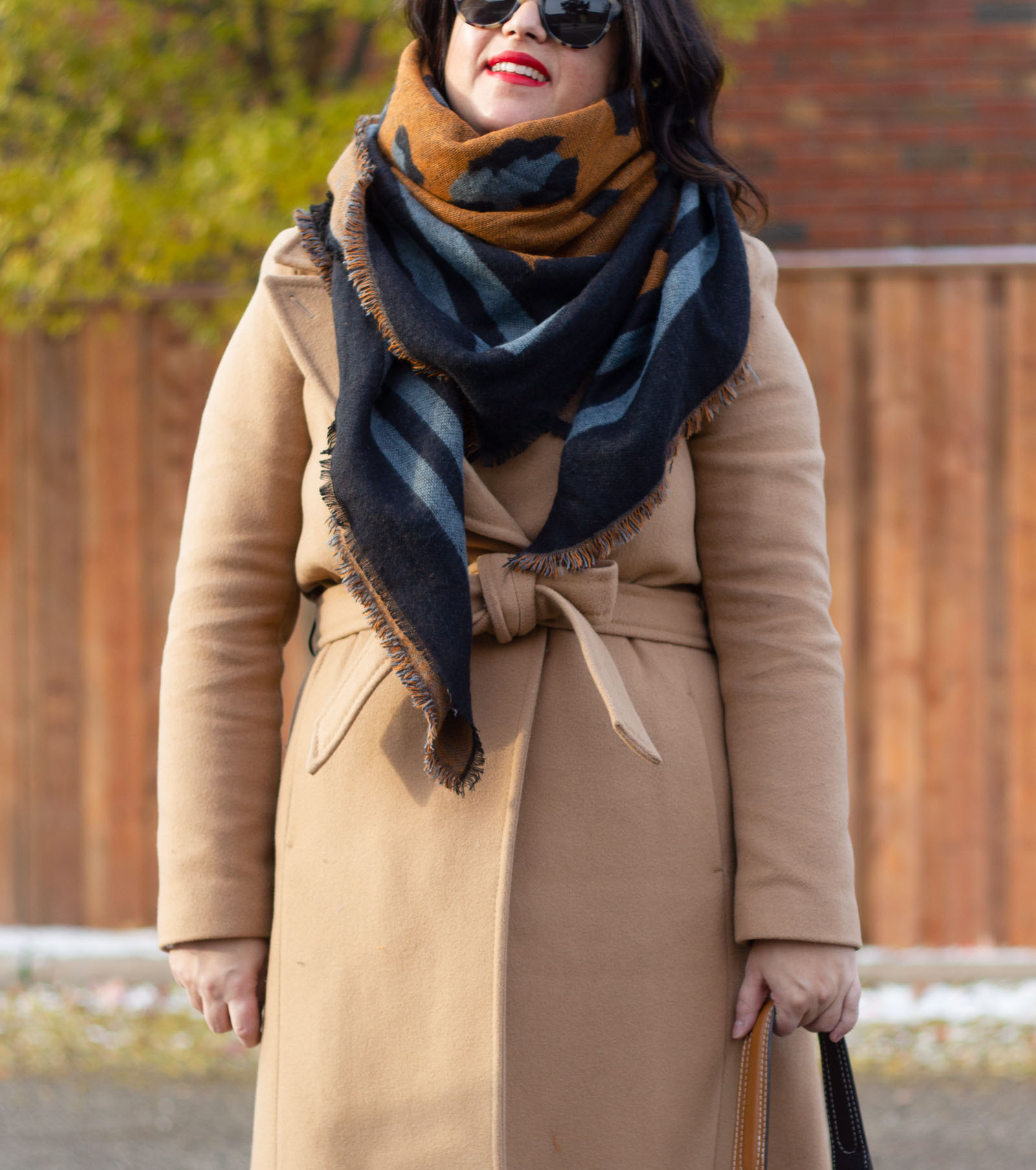 leopard scarf, long camel coat, business casual work outfit
