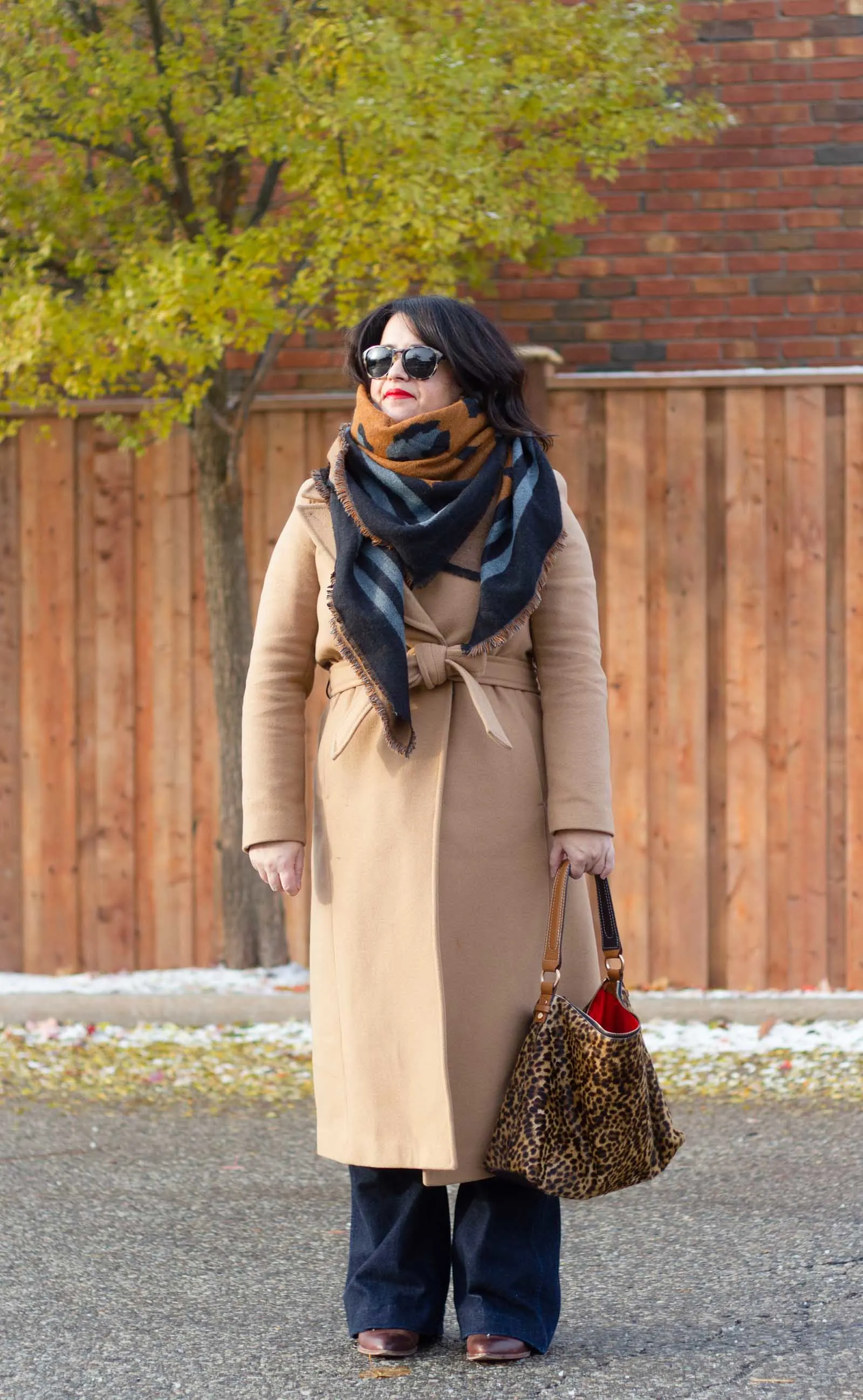 long camel coat, leopard scarf, trouser jeans, business casual work outfit