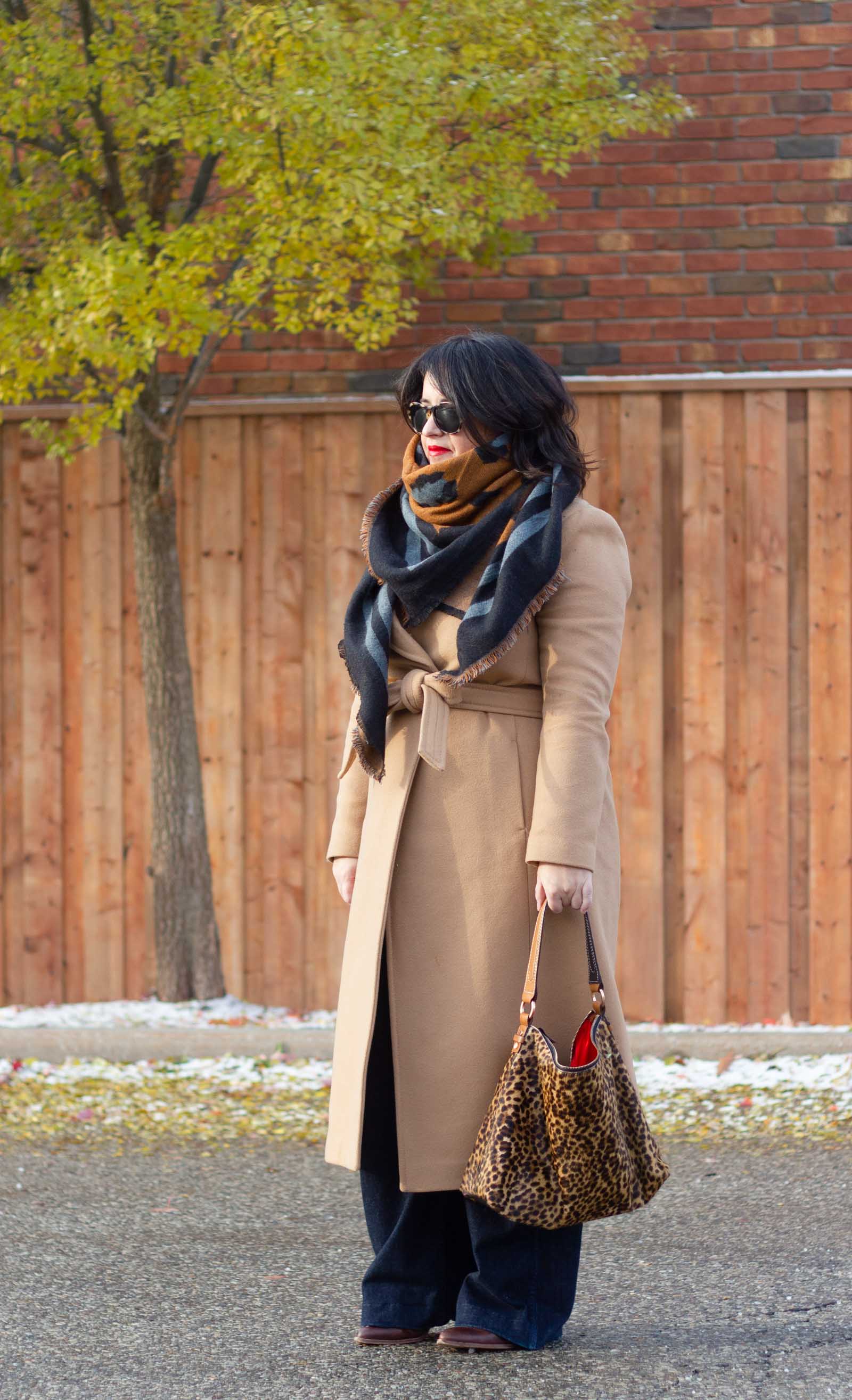 long camel coat outfit, leopard scarf outfit