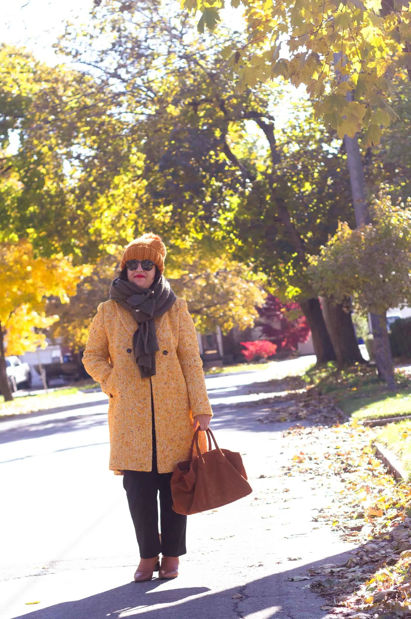 jcrew tweed topcoat, yellow autumn coat