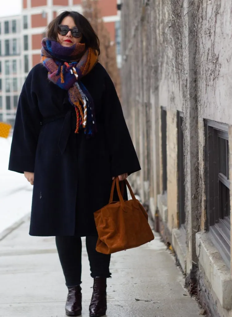 navy and brown outfit