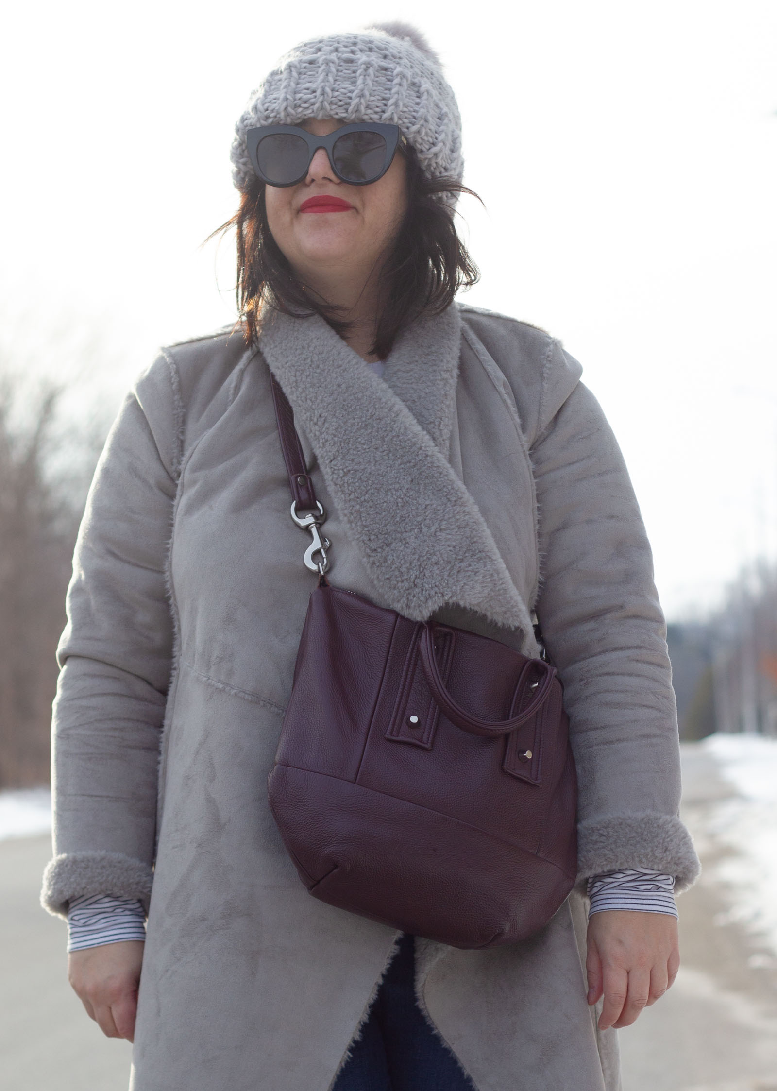 grey faux fur shearling coat