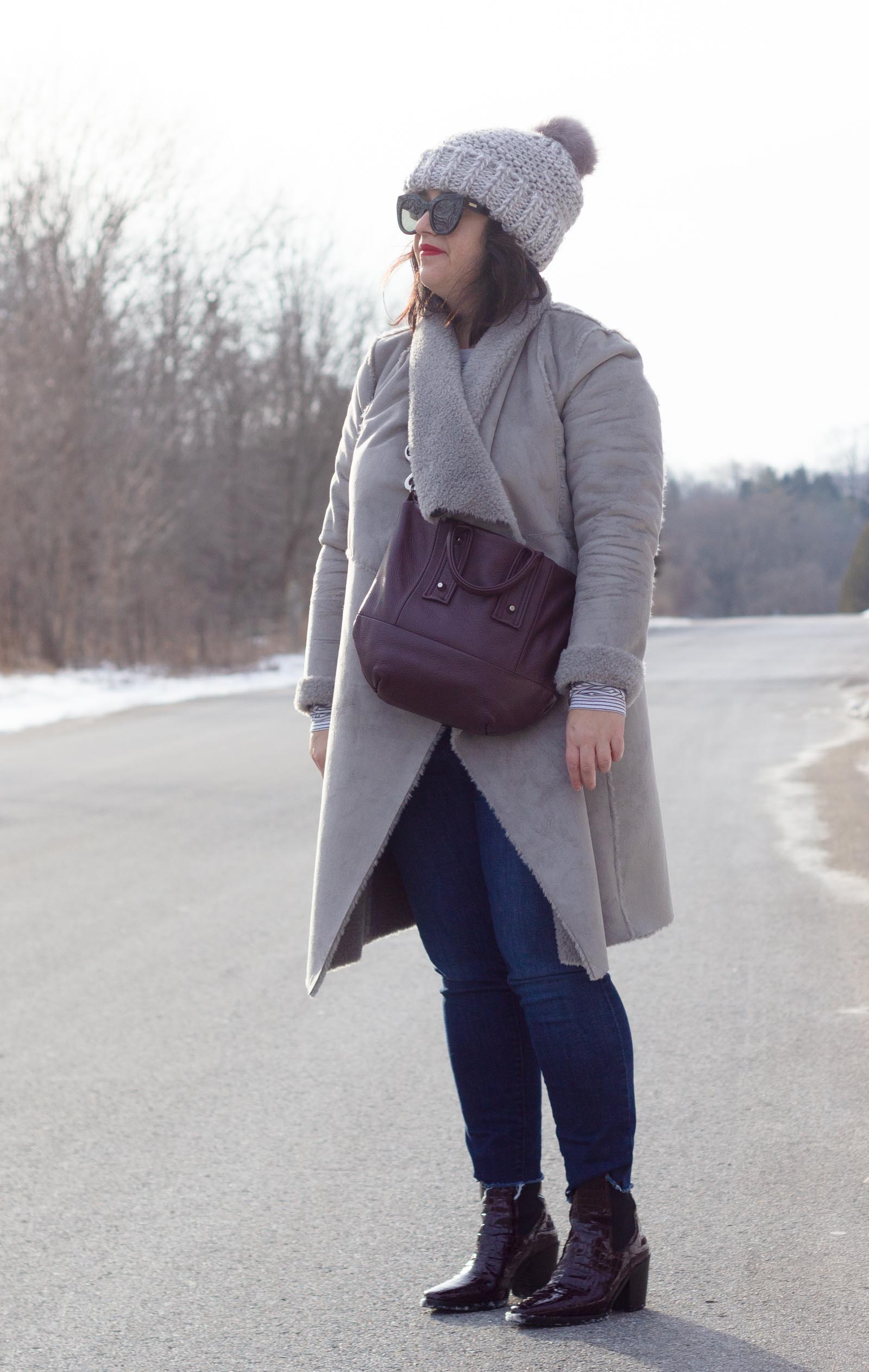 grey faux fur shearling coat