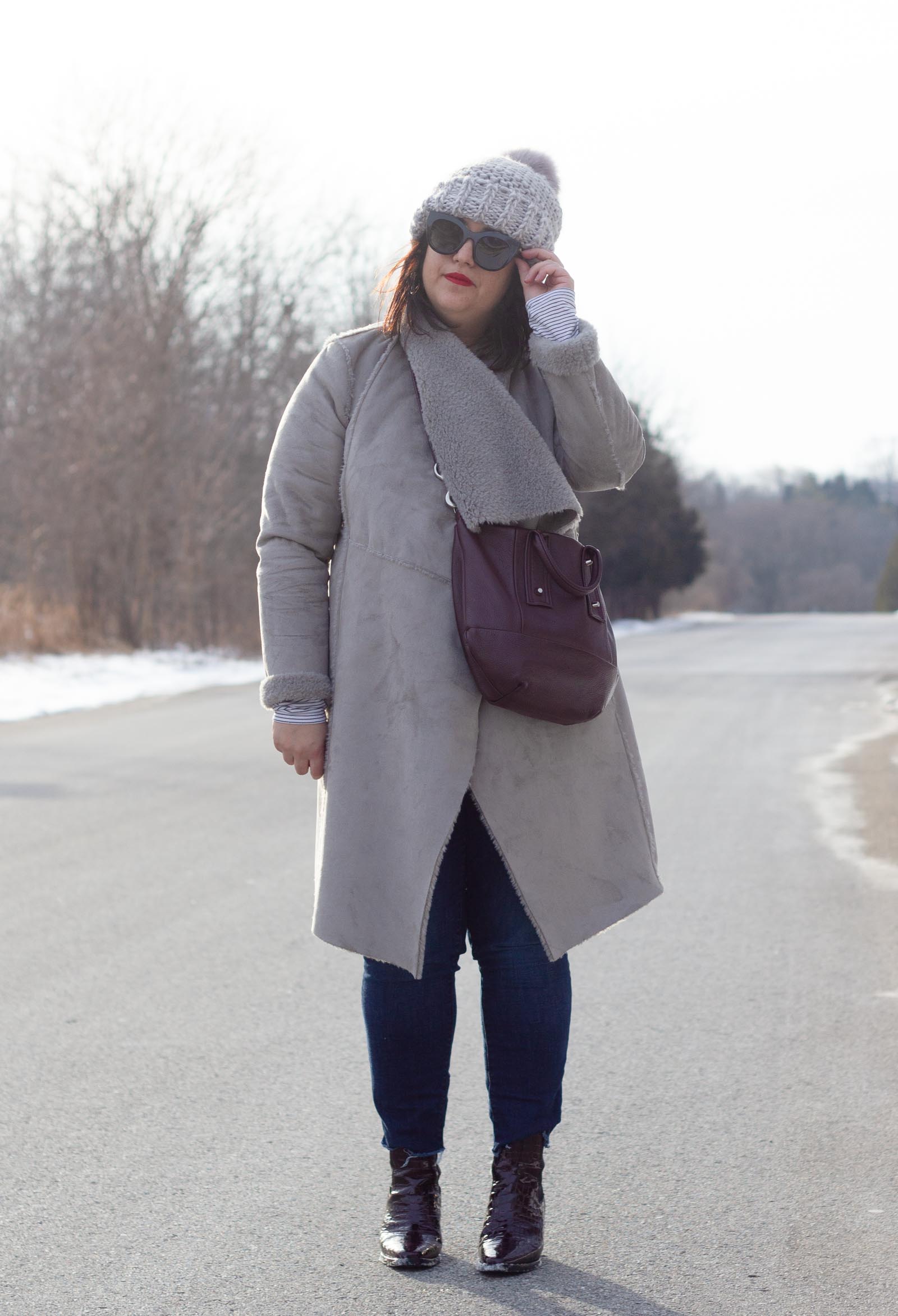 grey faux fur shearling coat