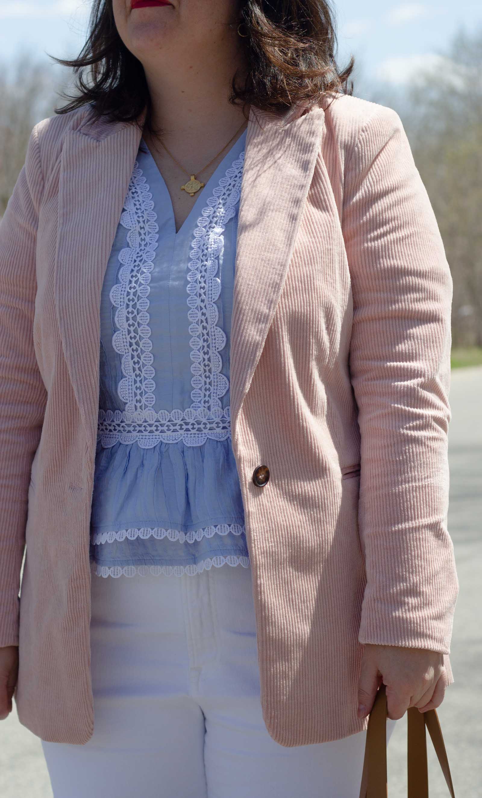pink cord blazer, blue and lace peplum top