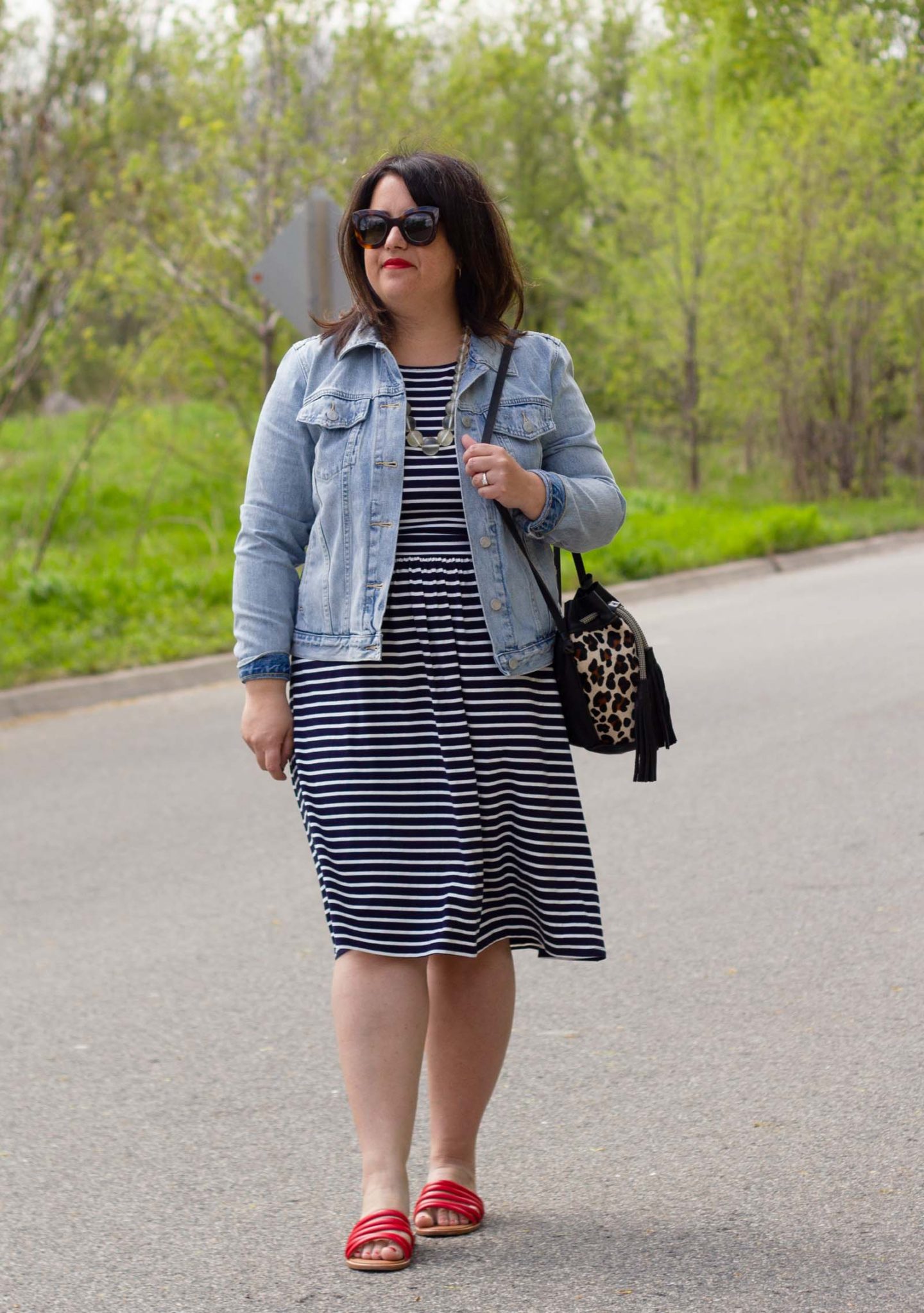 stripe dress two ways, red strap sandals