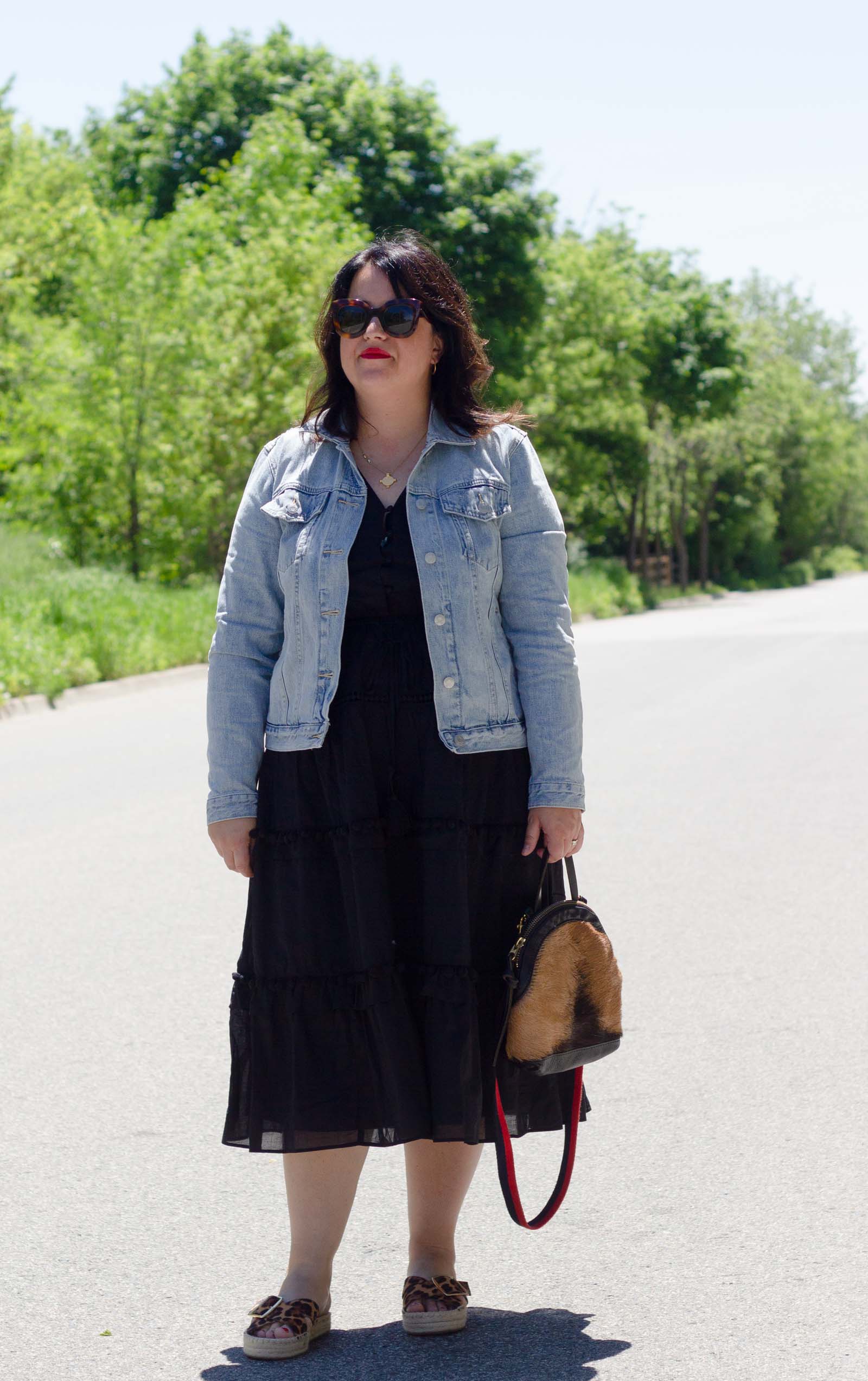 black boho dress, jean jacket, leopard espadrilles