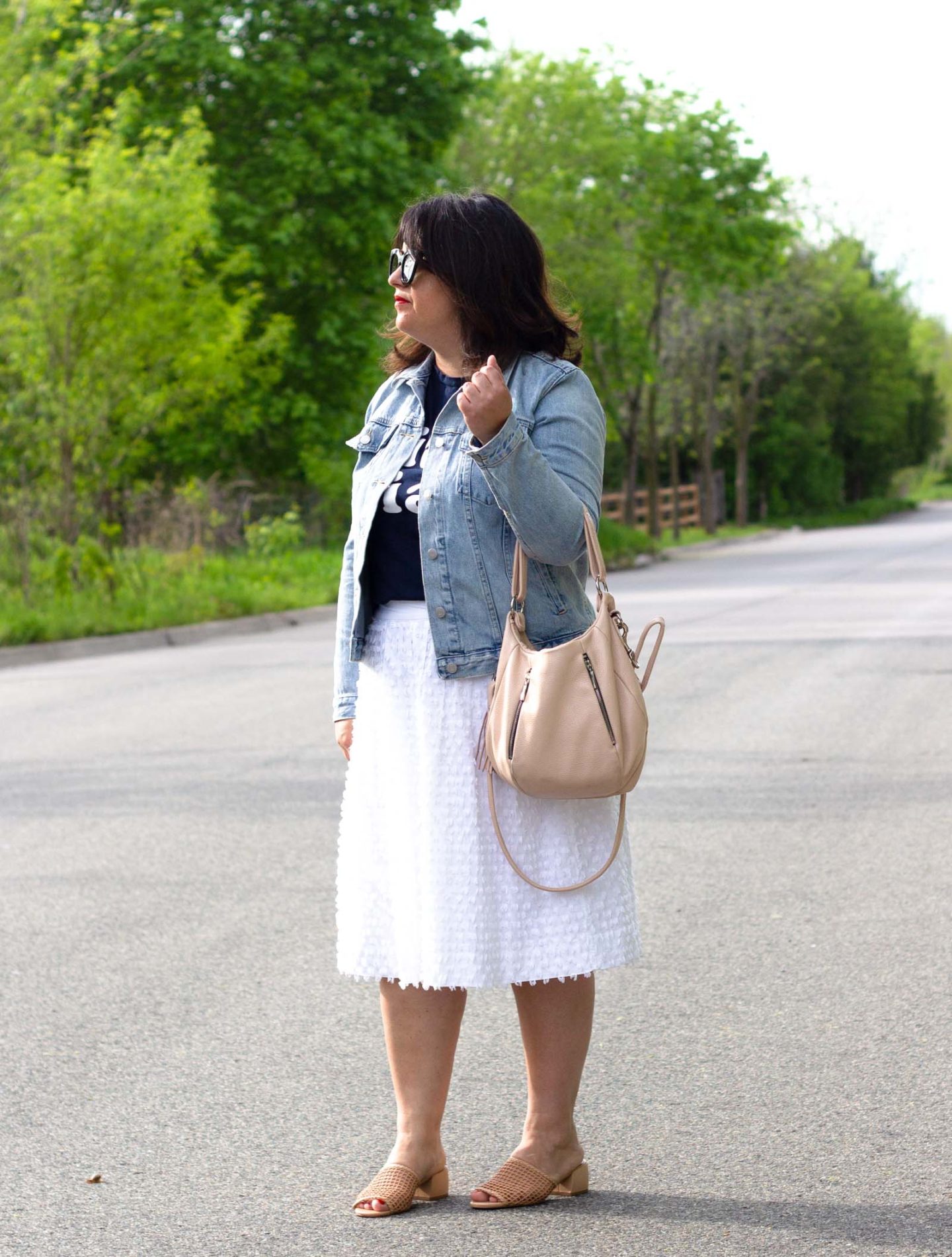 graphic tee and white skirt outfit