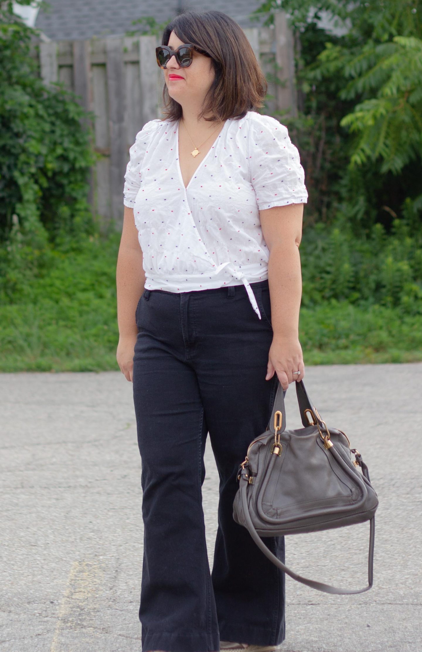 wrap top with trouser jeans