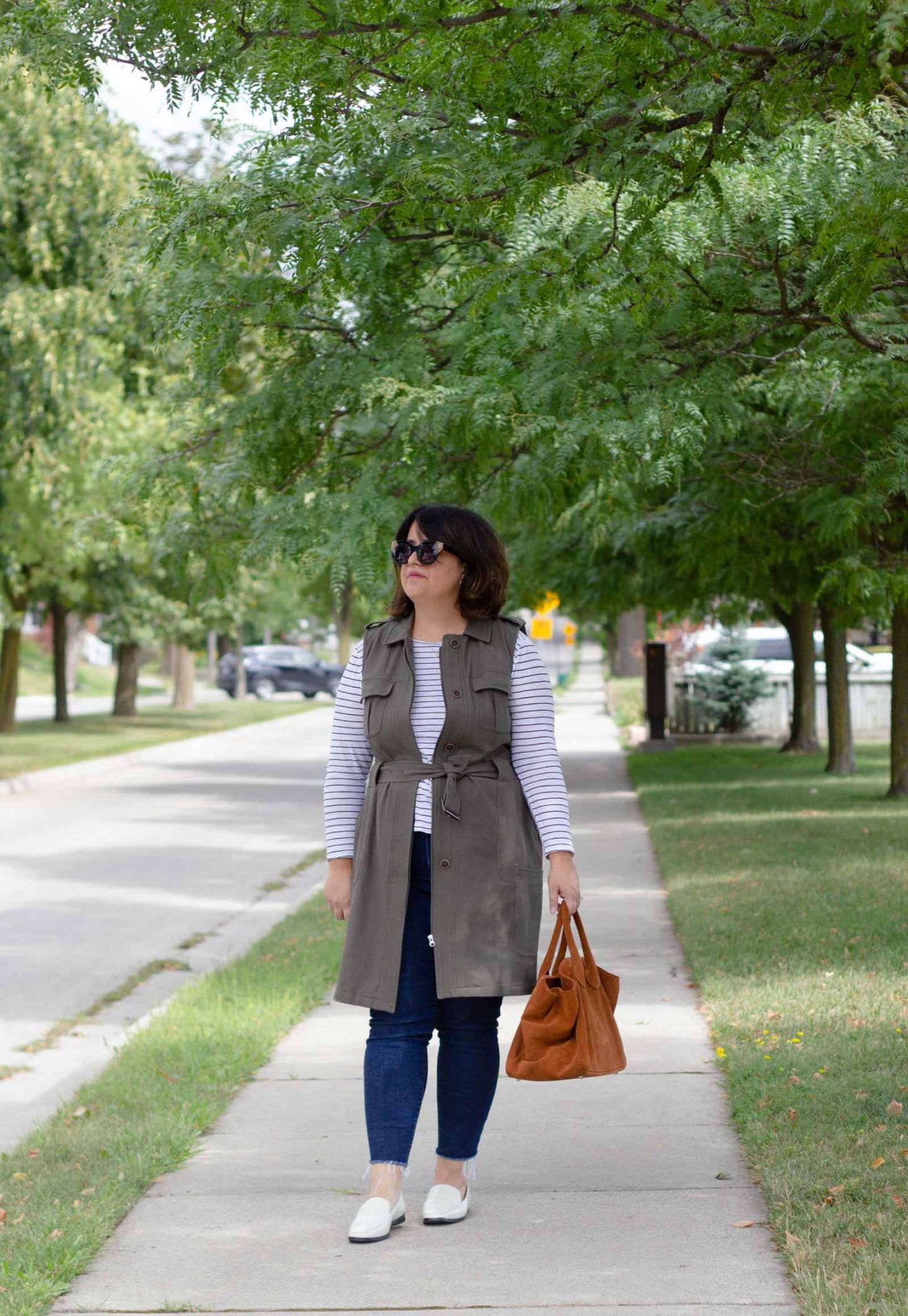 transition outfit with white loafers