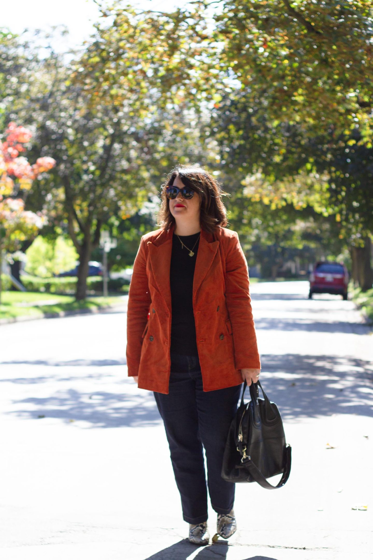 brown blazer and snake boots