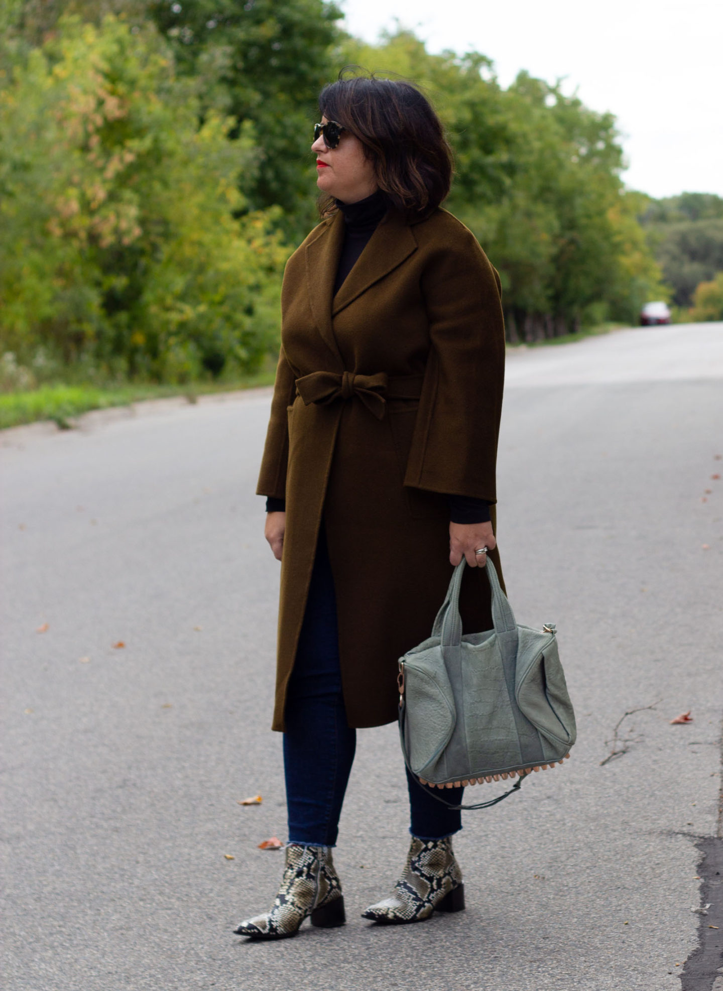 wrap moss brown coat, snake boots everlane