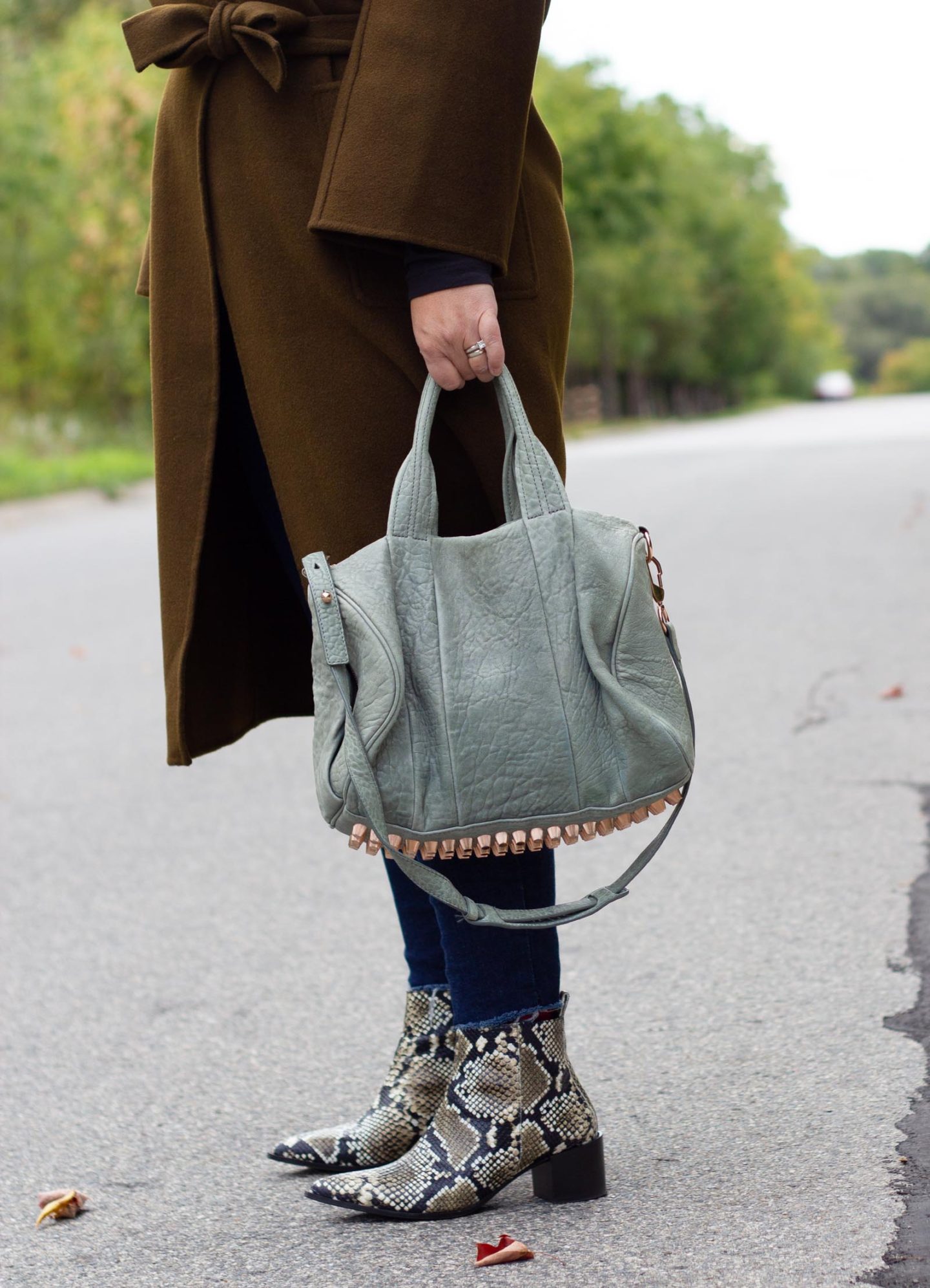 wrap coat, snake boots everlane