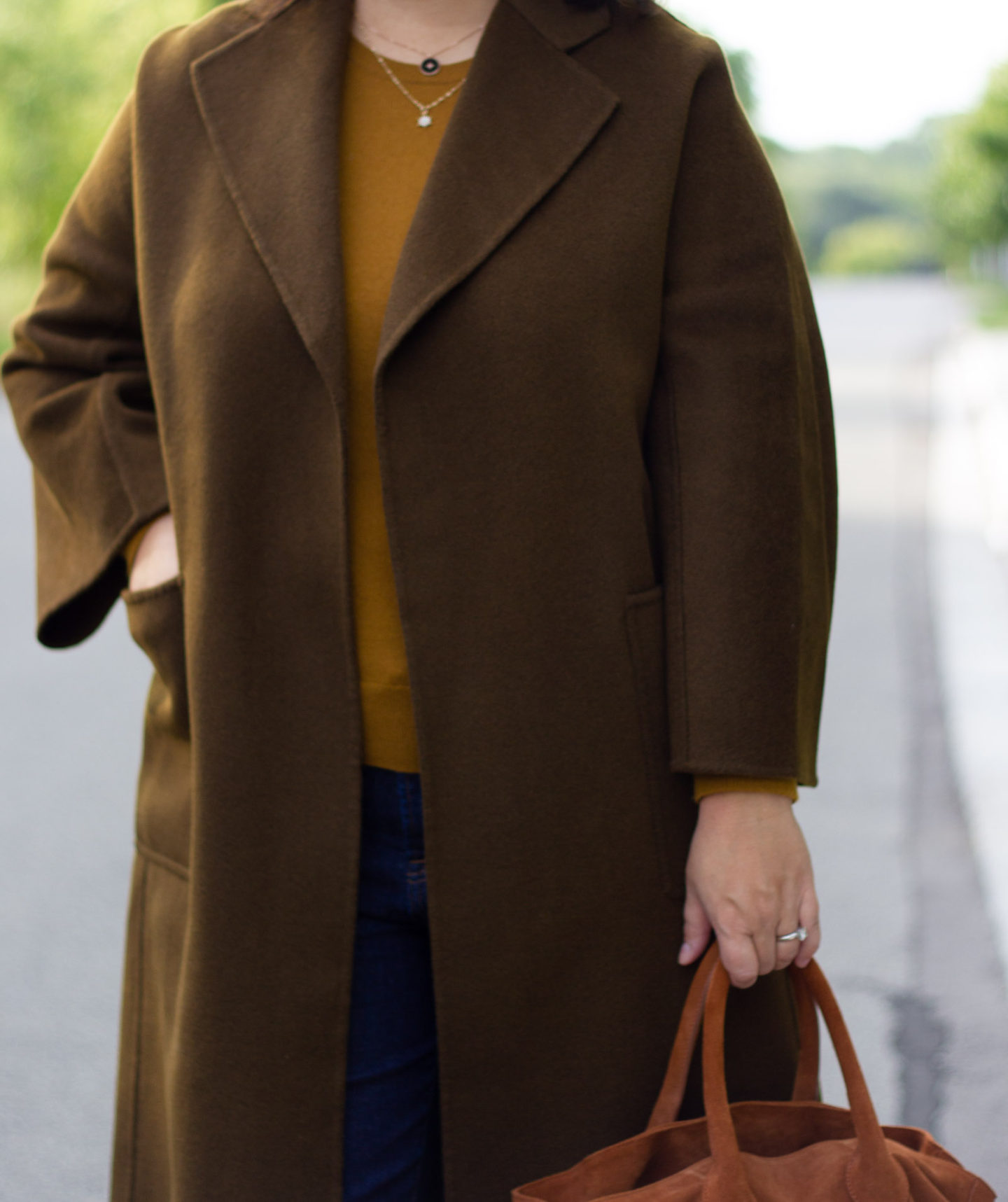 moss coat from the curated, brass sweater from everlane
