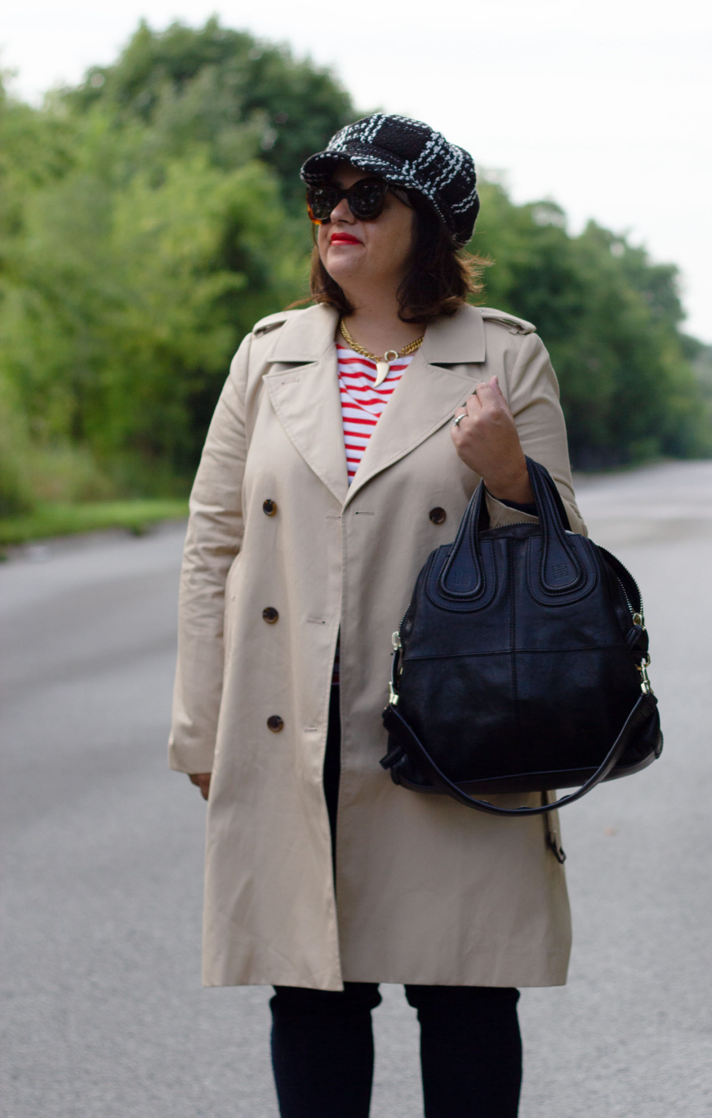 Trench coat, red stripe top, red loafers