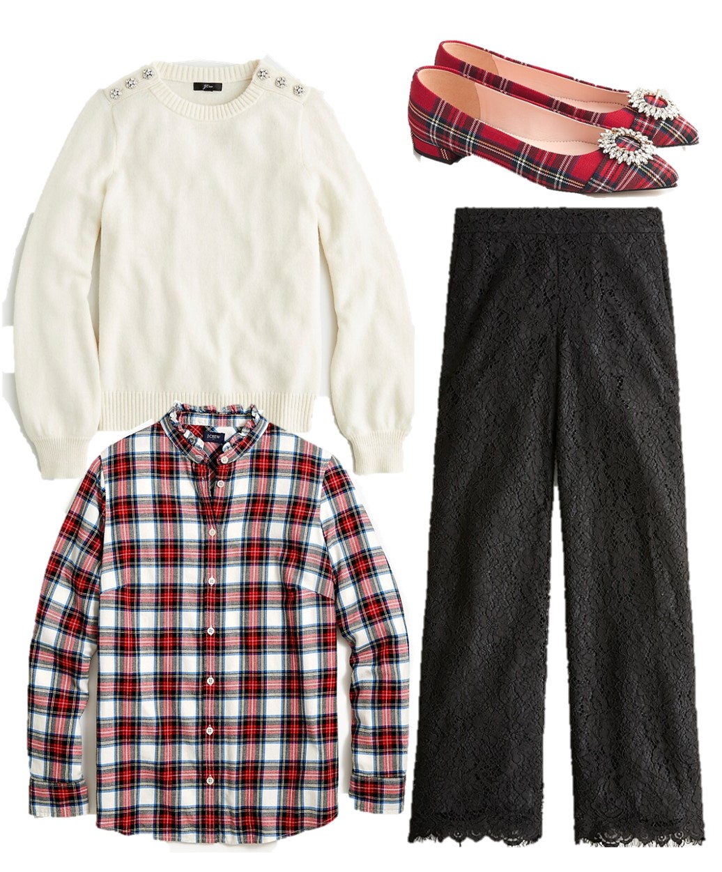 plaid christmas outfit with lace pants
